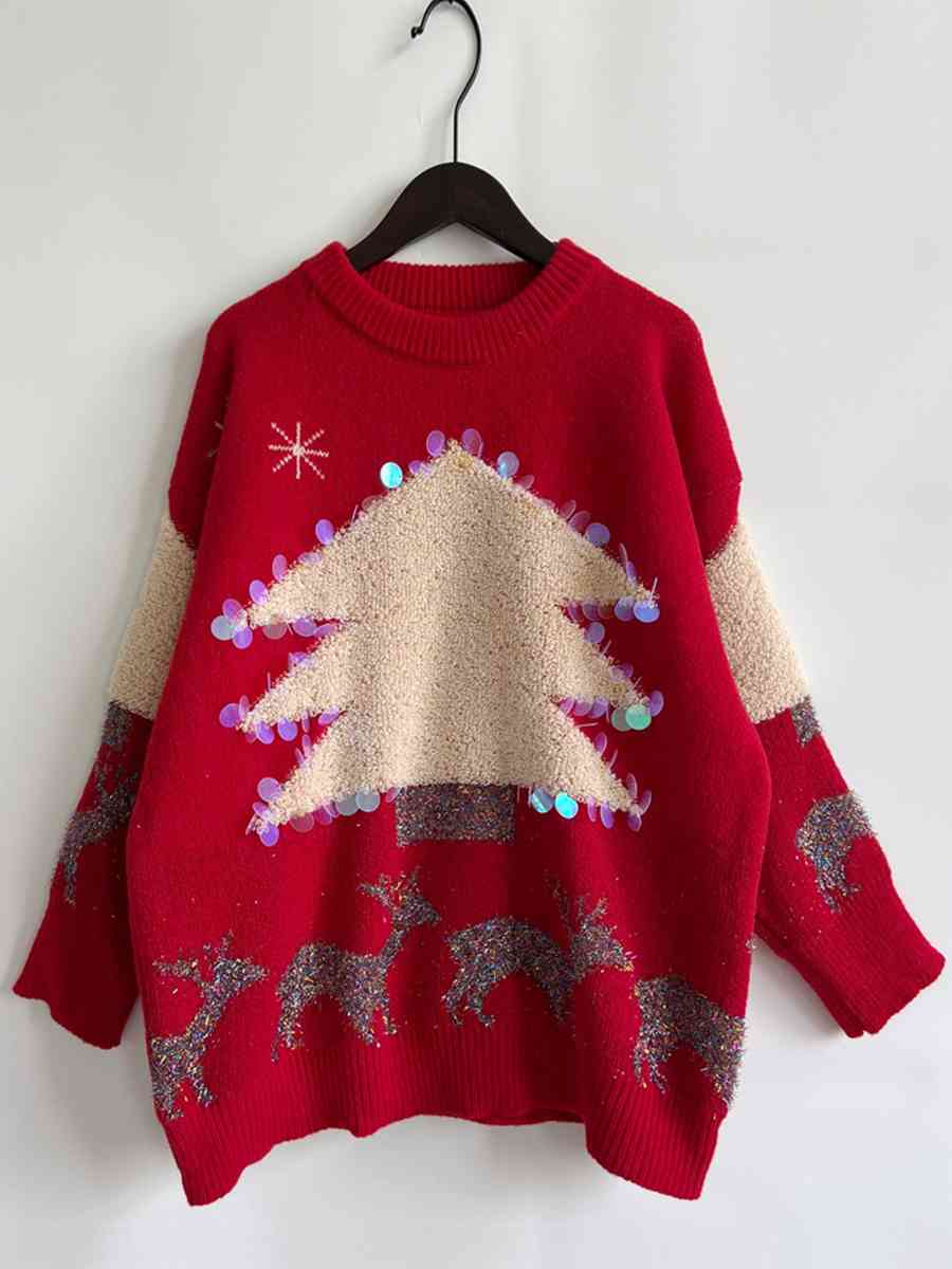 Sequin Christmas Tree & Reindeer Round Neck Sweater - Guy Christopher