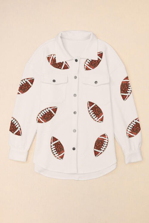 Sequin Football Patch Collared Neck Snap Button Jacket - Guy Christopher