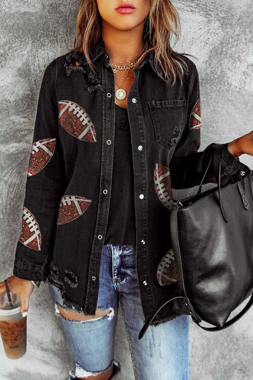 Sequin Football Patch Snap Down Distressed Jacket - Guy Christopher