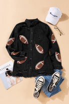 Sequin Football Patch Snap Down Distressed Jacket - Guy Christopher