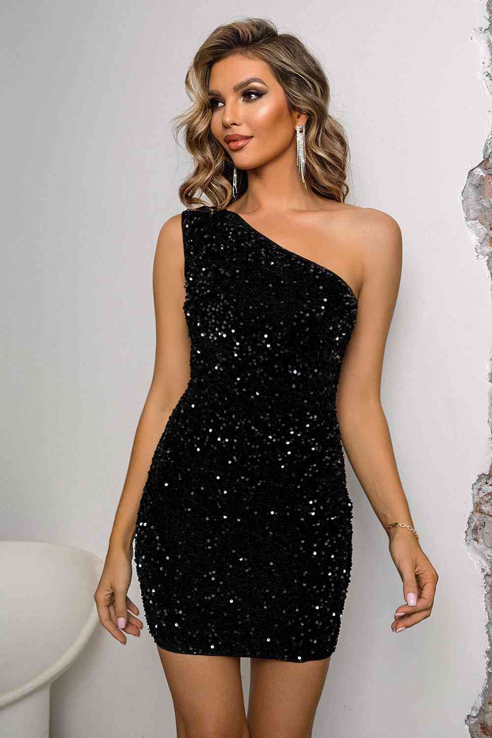 Sequin Lace-Up One-Shoulder Bodycon Dress - Guy Christopher