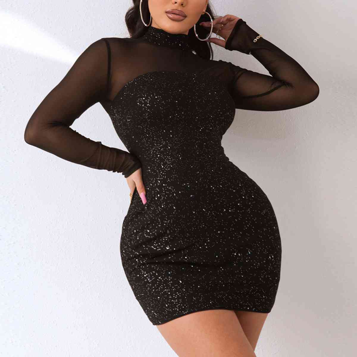 Sequin Mock Neck Mesh Dress - Guy Christopher