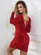 Sequin Sweetheart Neck Tie Back Long Sleeve Slit Dress - Guy Christopher