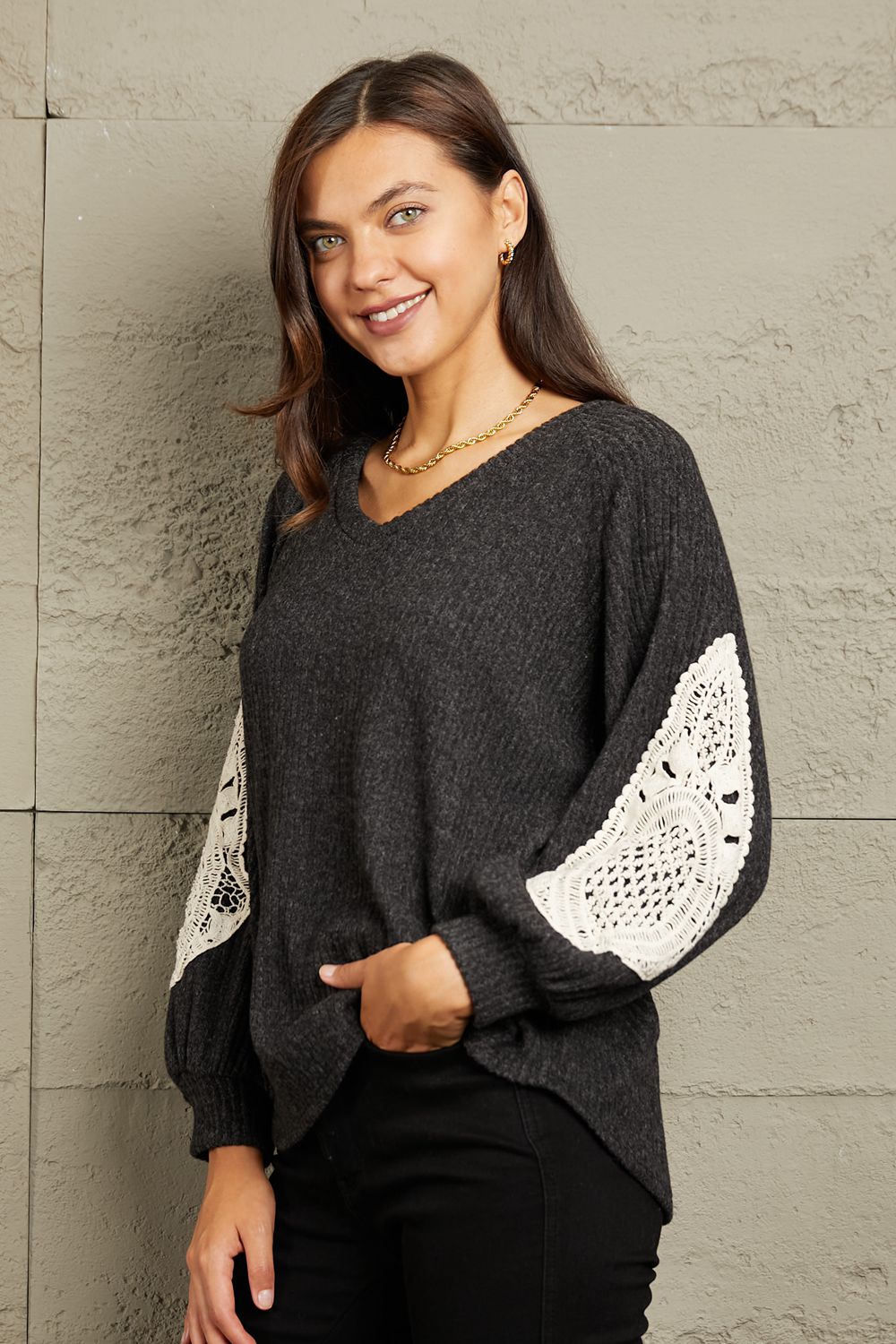 Sew In Love Full Size Lace Patch Detail Sweater - Guy Christopher