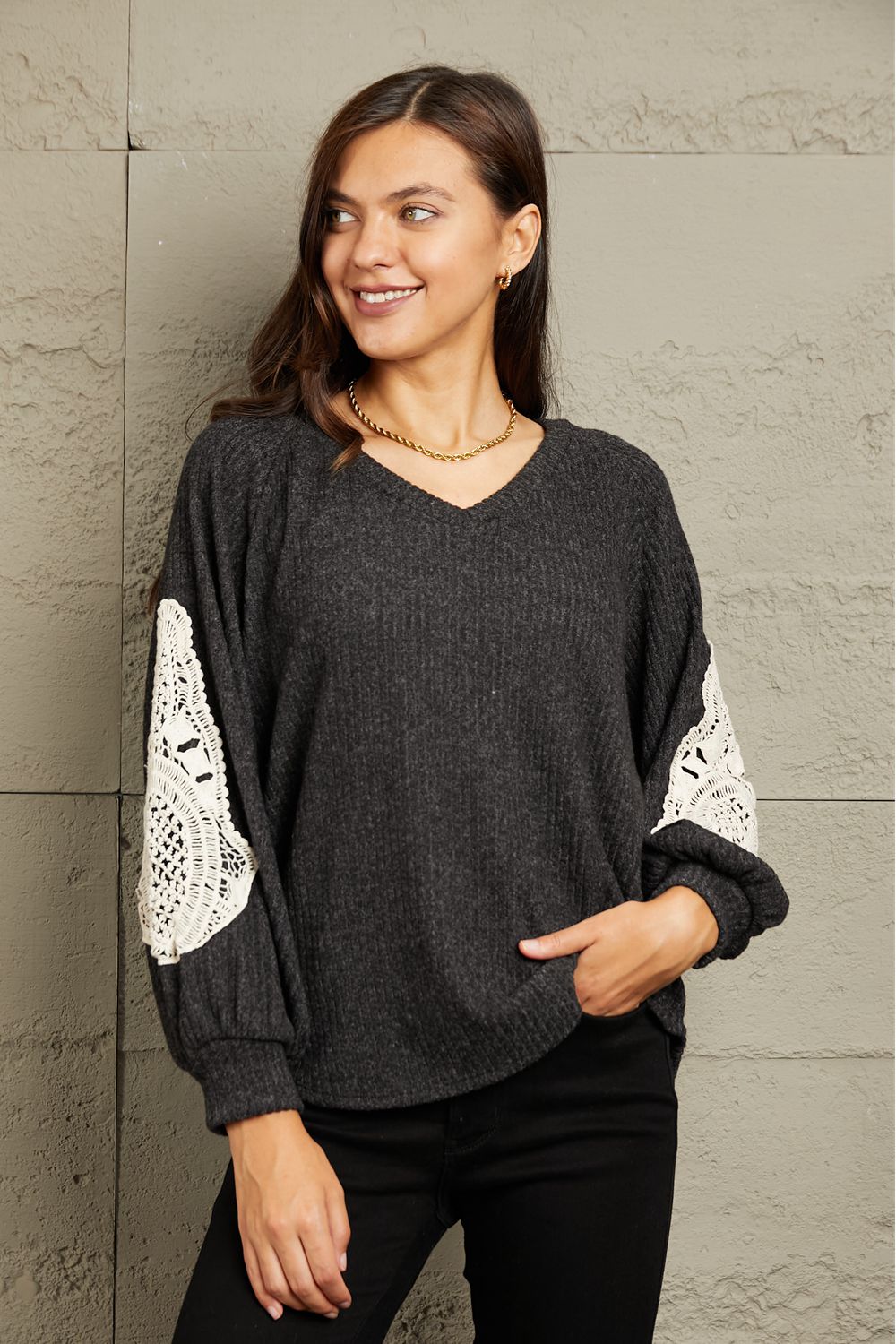 Sew In Love Full Size Lace Patch Detail Sweater - Guy Christopher