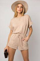 Short Roll-Up Sleeve Elastic Waist Romper - Guy Christopher