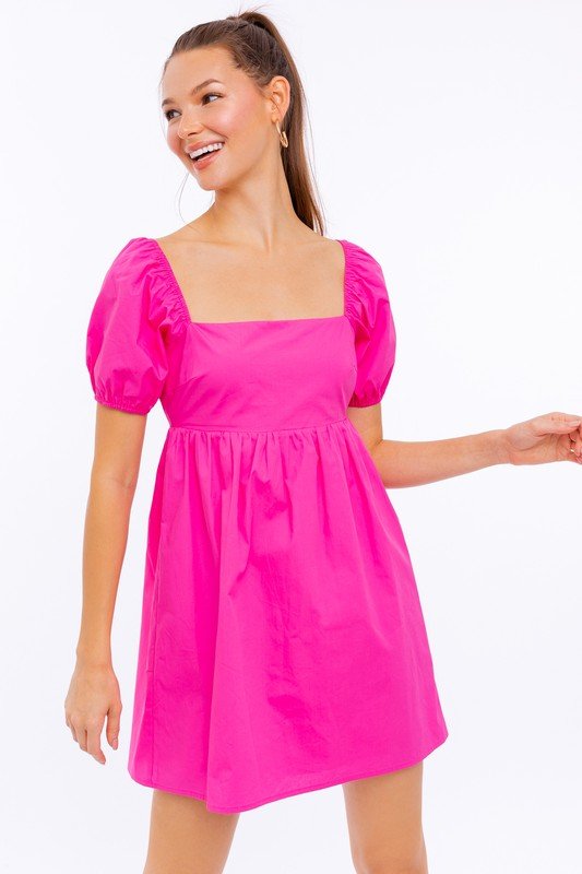 SHORT SLEEVE BACK TIE DETAIL BABYDOLL DRESS - Guy Christopher