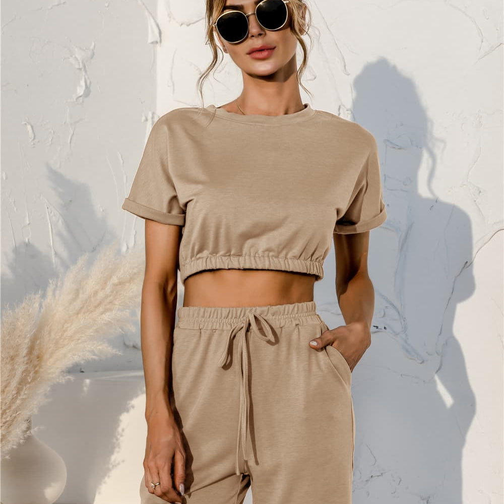 Short Sleeve Cropped Top and Drawstring Shorts Lounge Set - Guy Christopher