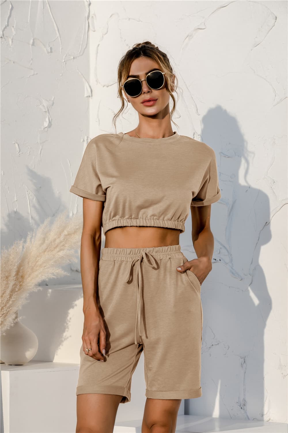 Short Sleeve Cropped Top and Drawstring Shorts Lounge Set - Guy Christopher