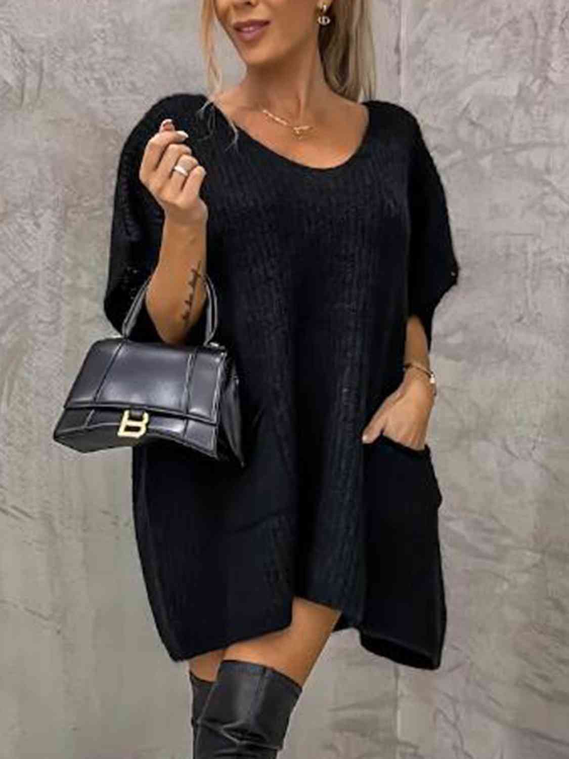 Short Sleeve Sweater Dress with Pockets - Guy Christopher