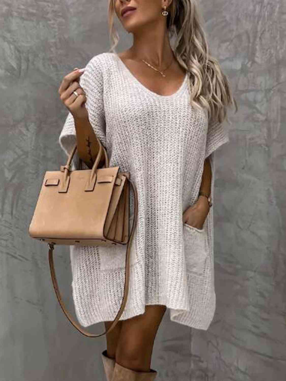 Short Sleeve Sweater Dress with Pockets - Guy Christopher