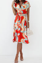 Short Sleeves Print Belted Dress - Guy Christopher