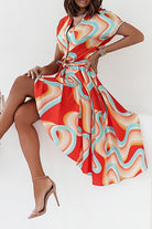 Short Sleeves Print Belted Dress - Guy Christopher