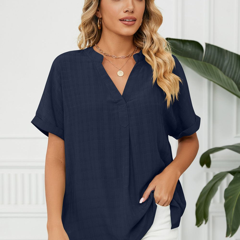 Side Slit Notched Neck Cuffed Short Sleeve Blouse - Guy Christopher