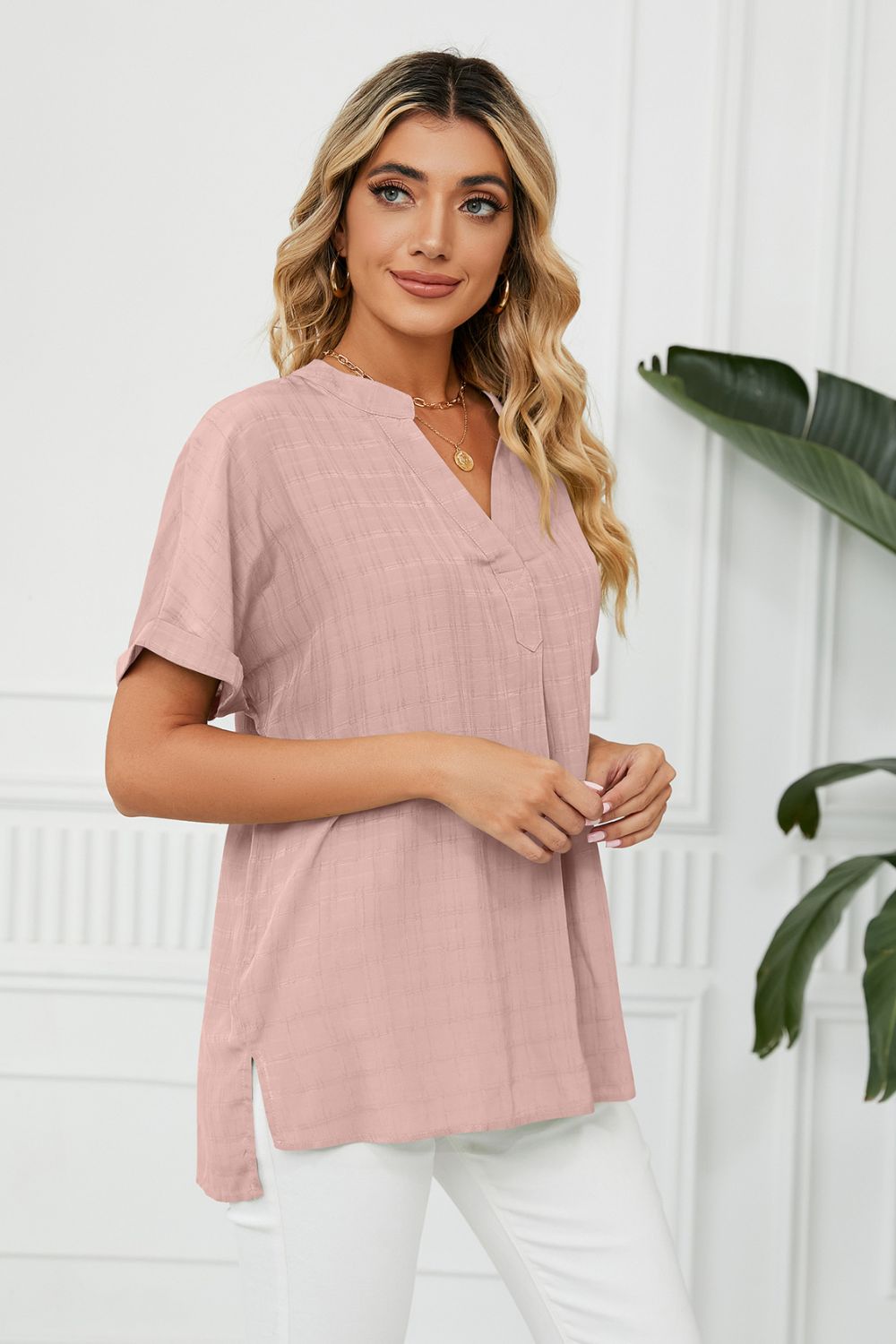 Side Slit Notched Neck Cuffed Short Sleeve Blouse - Guy Christopher