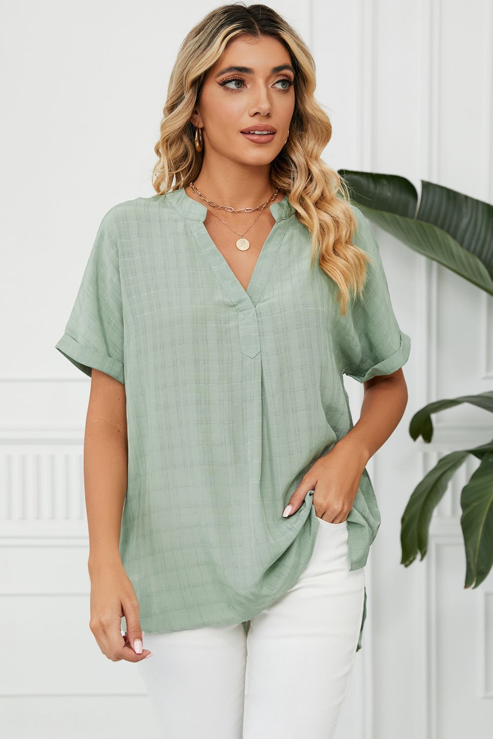 Side Slit Notched Neck Cuffed Short Sleeve Blouse - Guy Christopher