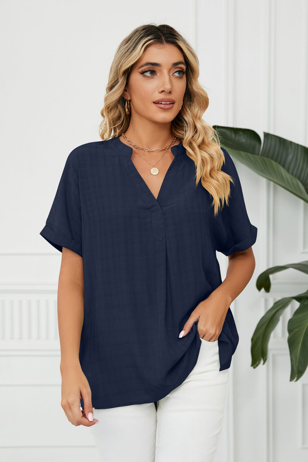 Side Slit Notched Neck Cuffed Short Sleeve Blouse - Guy Christopher