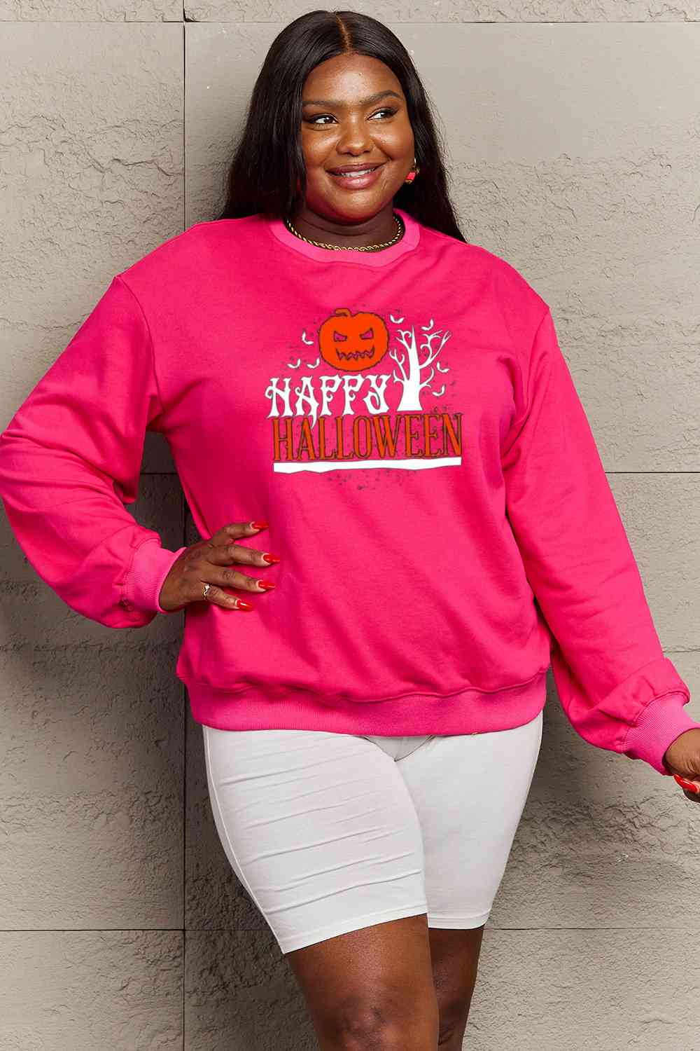 Simply Love Full Size HAPPY HALLOWEEN Graphic Sweatshirt - Guy Christopher