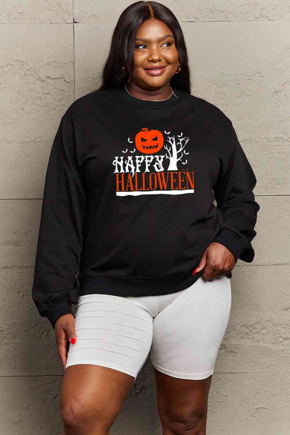 Simply Love Full Size HAPPY HALLOWEEN Graphic Sweatshirt - Guy Christopher