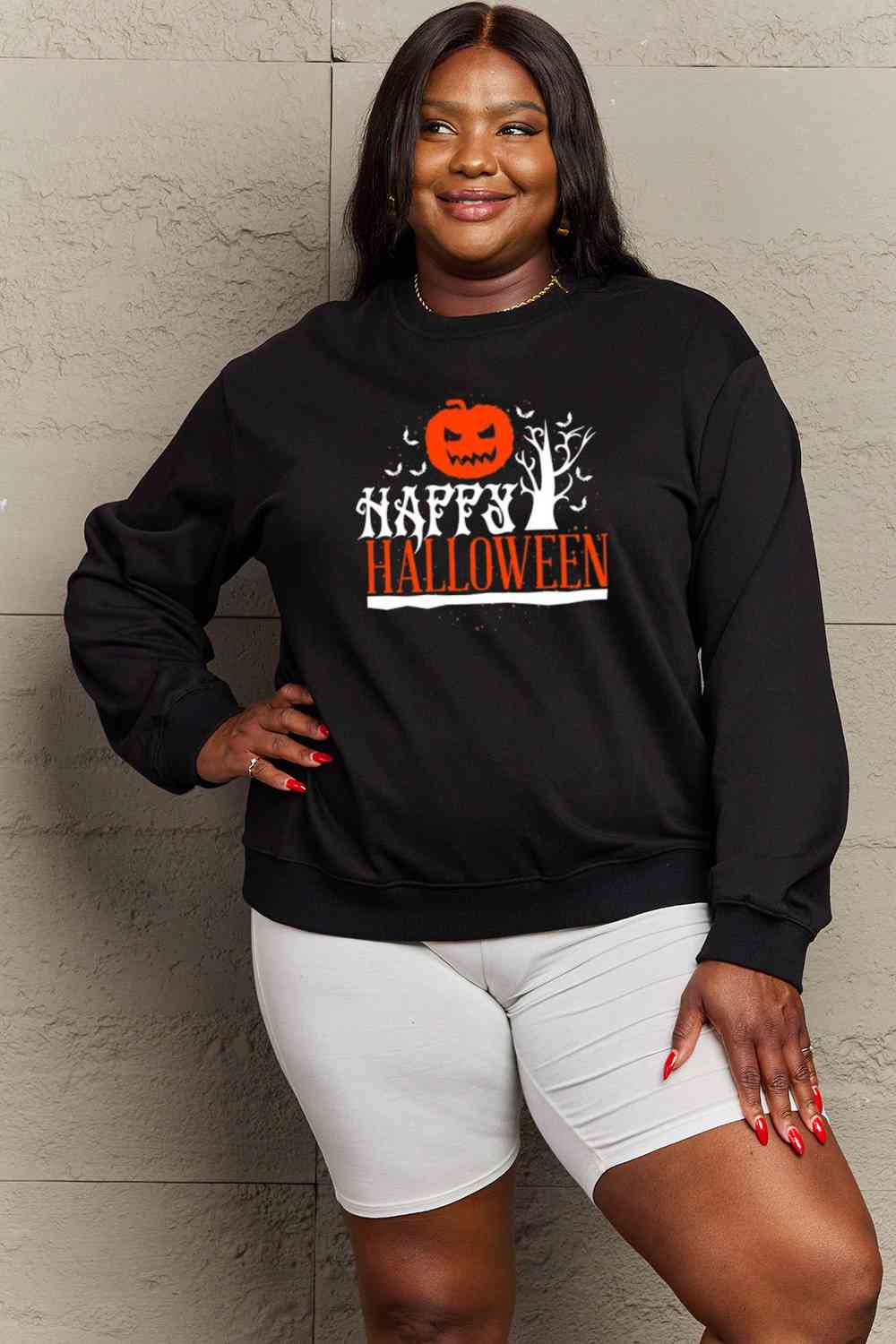 Simply Love Full Size HAPPY HALLOWEEN Graphic Sweatshirt - Guy Christopher