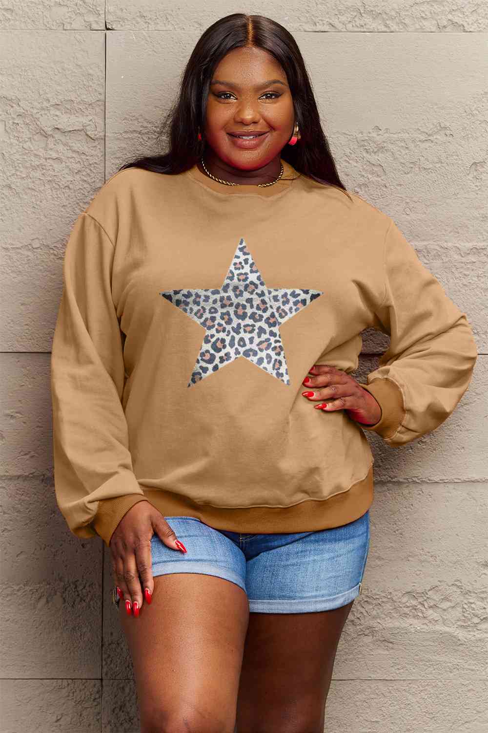 Simply Love Full Size Leopard Star Graphic Sweatshirt - Guy Christopher