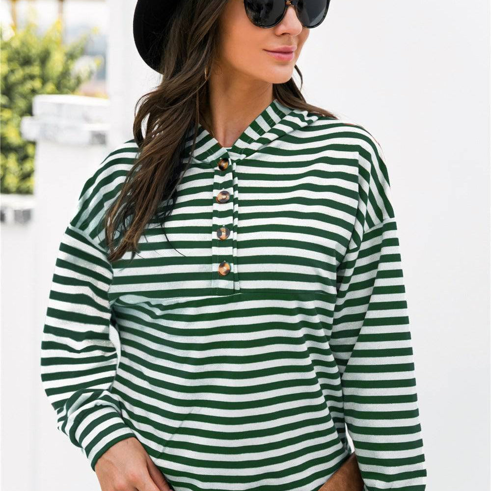 "Striped Half-Button Dropped Shoulder Hoodie - Wrap Yourself in Timeless Elegance and Comfort" - Guy Christopher 